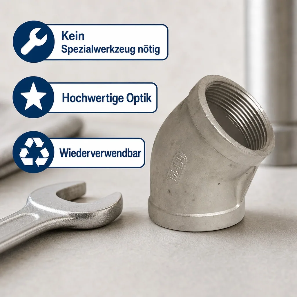 Edelstahl Winkel 45 Grad, Gewindefitting, 3/8" IG, V4A, Innengewinde