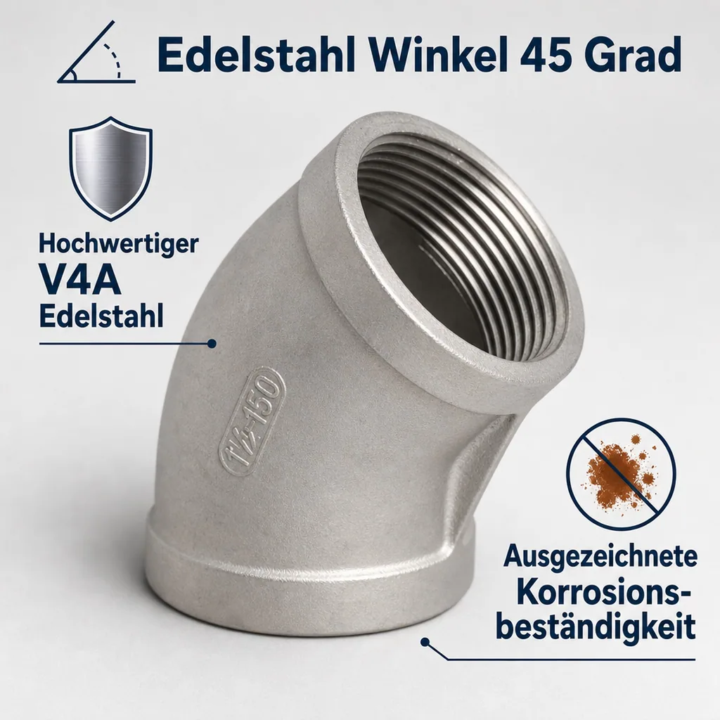 Edelstahl Winkel 45 Grad, Gewindefitting, 2 Zoll IG, V4A Winkel