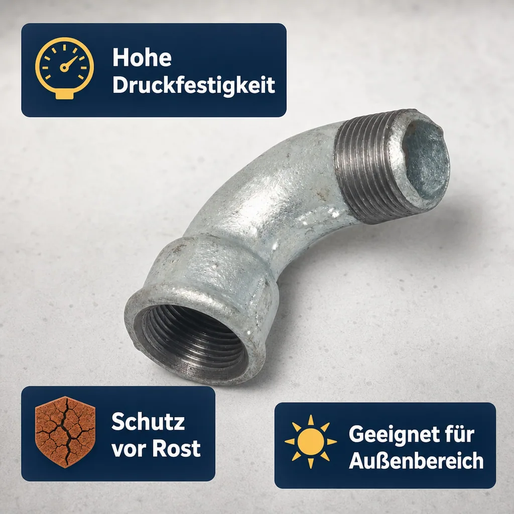 Gewindefitting Temperguss, Bogen 90 Grad kurz, 1 Zoll IG x 1 Zoll AG
