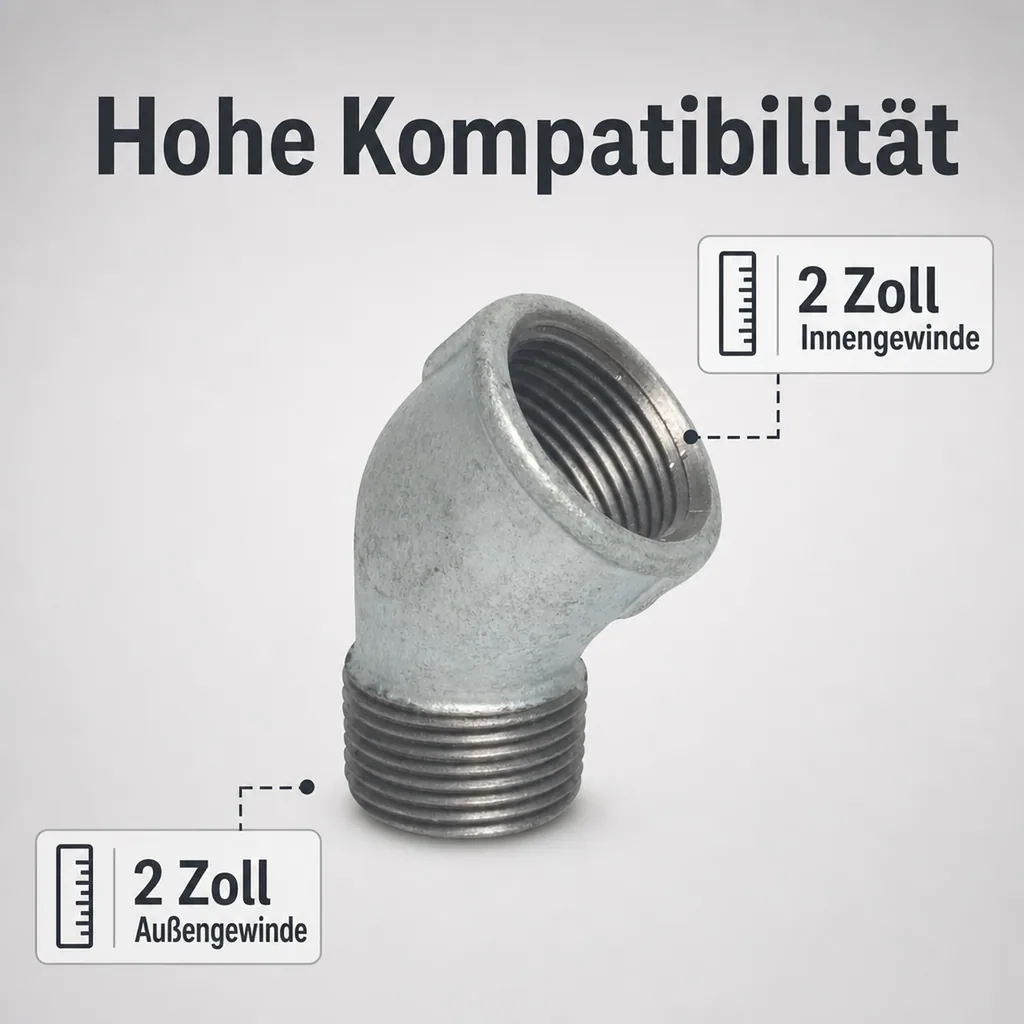 Gewindefitting, Temperguss Winkel 45°, 2 Zoll IG x 2 Zoll AG, verzinkt