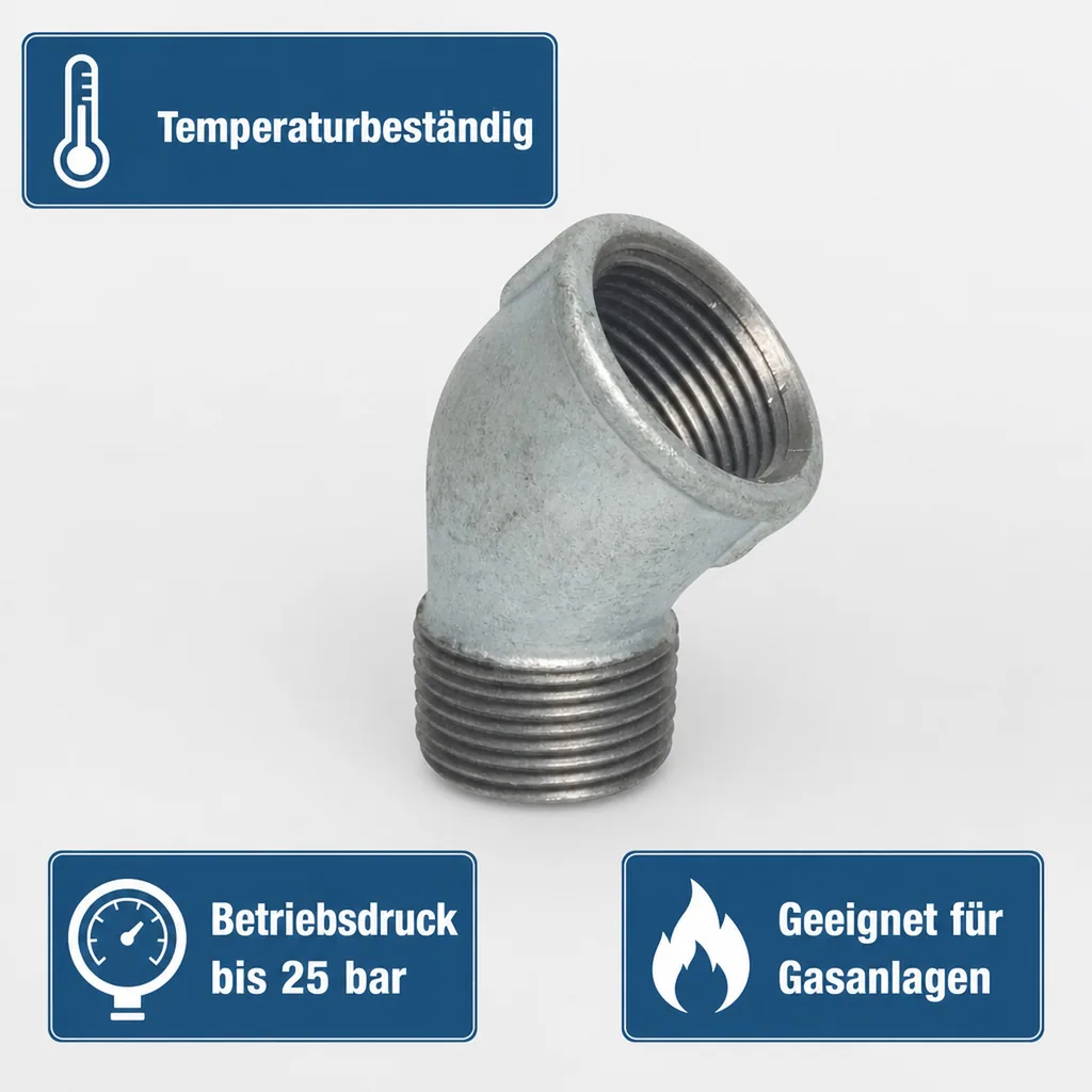 Gewindefitting, Temperguss Winkel 45°, 2 Zoll IG x 2 Zoll AG, verzinkt