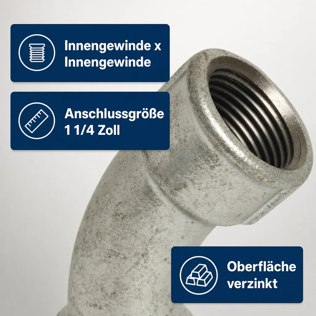 Gewindefitting Temperguss Bogen 45° 1 1/4" IG x 1 1/4" IG