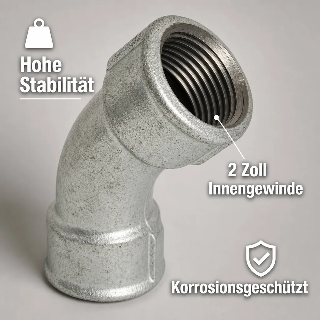 Gewindefitting 2 Zoll, Temperguss Fitting, Bogen 45 Grad, IG x IG