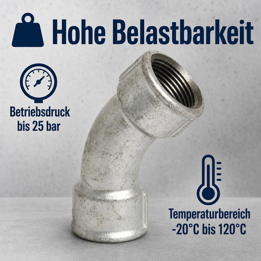 Gewindefitting 2 Zoll, Temperguss Fitting, Bogen 45 Grad, IG x IG