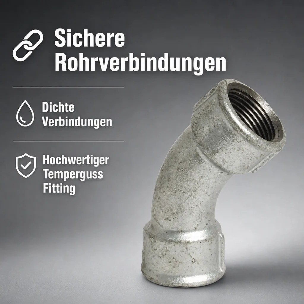 Gewindefitting 2 Zoll, Temperguss Fitting, Bogen 45 Grad, IG x IG