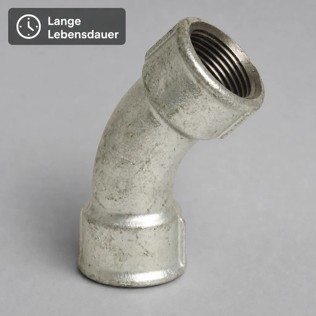 Gewindefitting 2 Zoll, Temperguss Fitting, Bogen 45 Grad, IG x IG