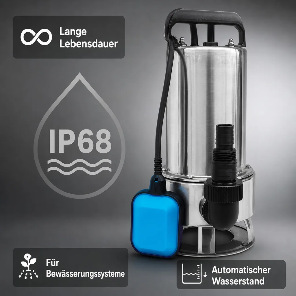 Tauchpumpe, Brunnenpumpe, Unterwasserpumpe 1" x 1 1/2" x 1" Schlauchtülle x Außengewinde x Schlauchtülle, 1,6A, 230VAC, Grau, Typ IP 550 INOX