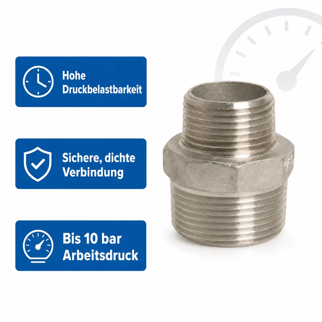 Edelstahlfitting, Gewindefitting Edelstahl, Reduziernippel Edelstahl 1 1/2 x 1 Zoll