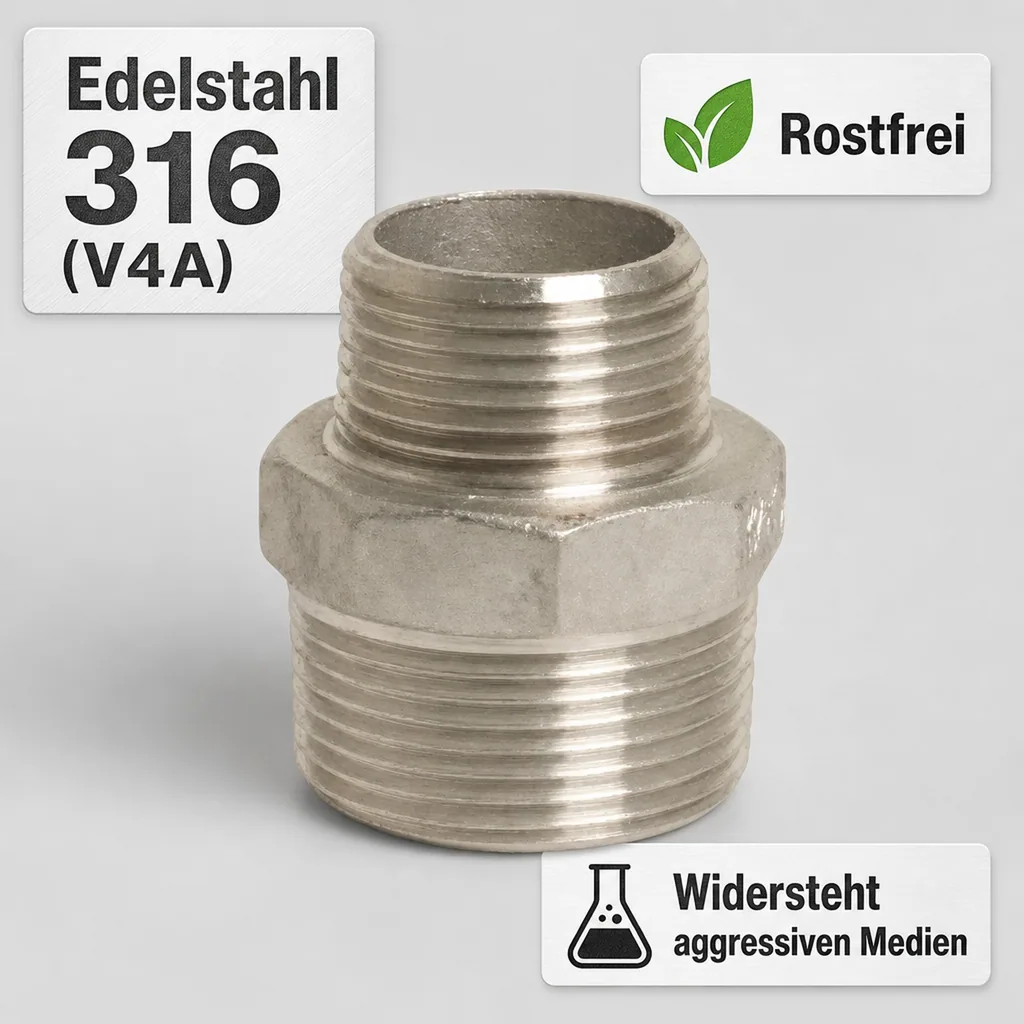 Edelstahlfitting, Gewindefitting Edelstahl, Reduziernippel Edelstahl 1 1/2 x 1 Zoll