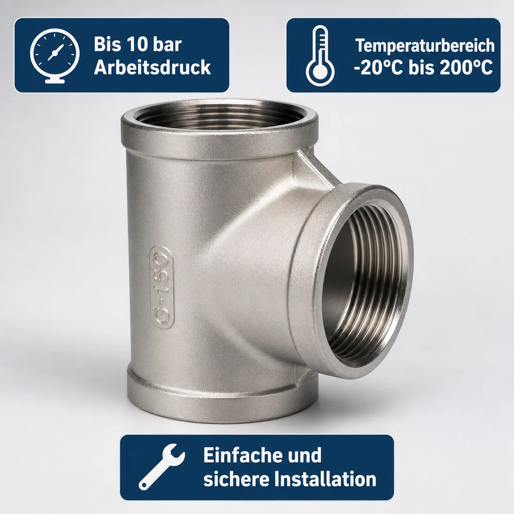 Edelstahl T-Stück, Gewindefitting Edelstahl, 1 1/2" IG, 90° Winkel, V4A