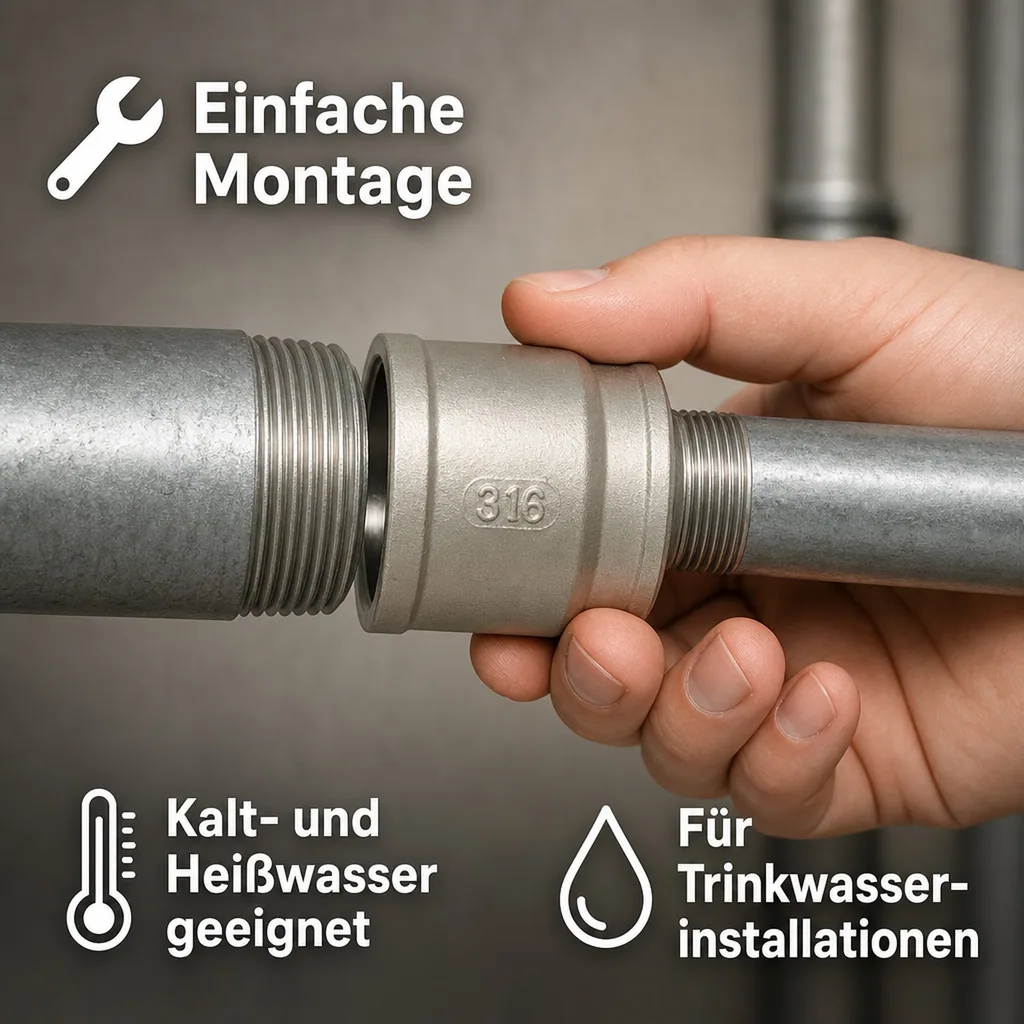 Edelstahl Reduziermuffe, Gewindefitting, 2" IG x 1 1/2" IG, V4A Fitting