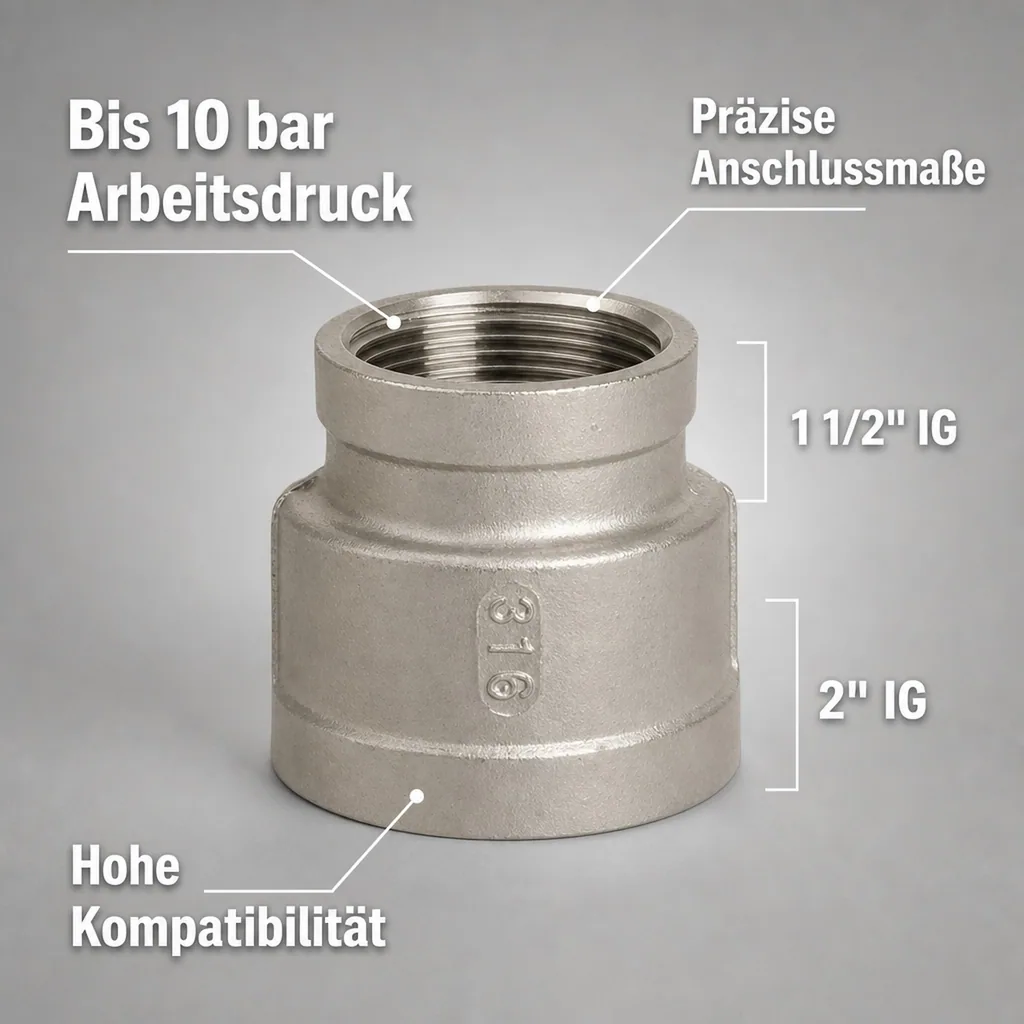 Edelstahl Reduziermuffe, Gewindefitting, 2" IG x 1 1/2" IG, V4A Fitting