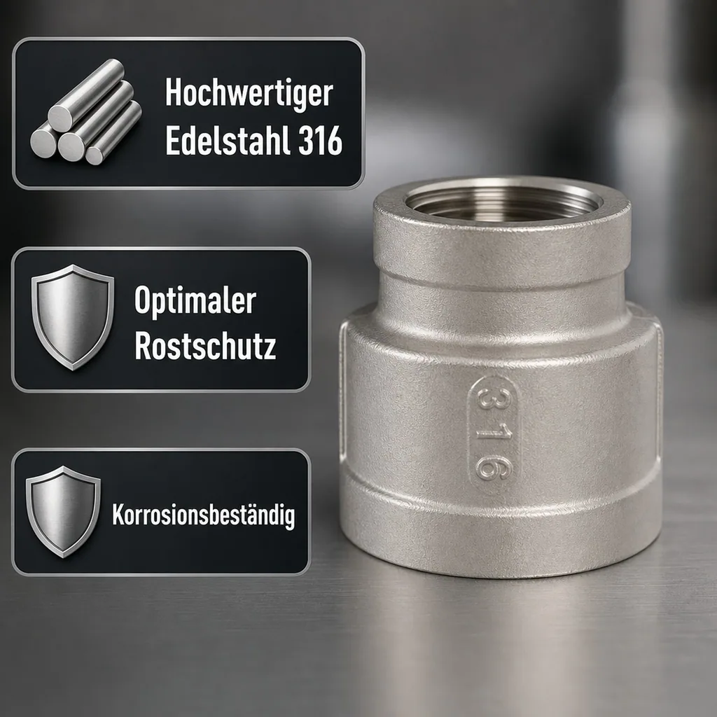 Edelstahl Reduziermuffe, Gewindefitting, 2" IG x 1 1/2" IG, V4A Fitting