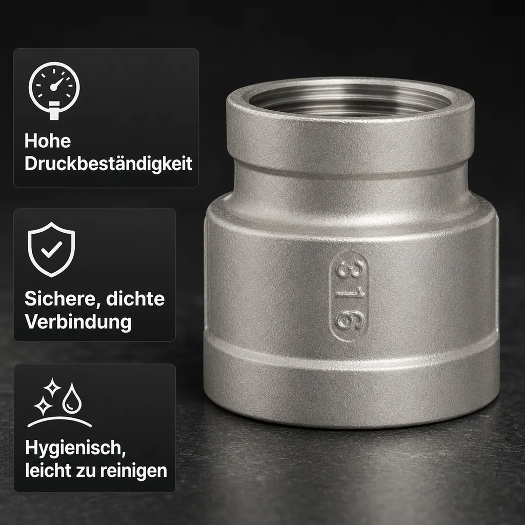 Edelstahl Reduziermuffe, Gewindefitting, 2" IG x 1 1/2" IG, V4A Fitting