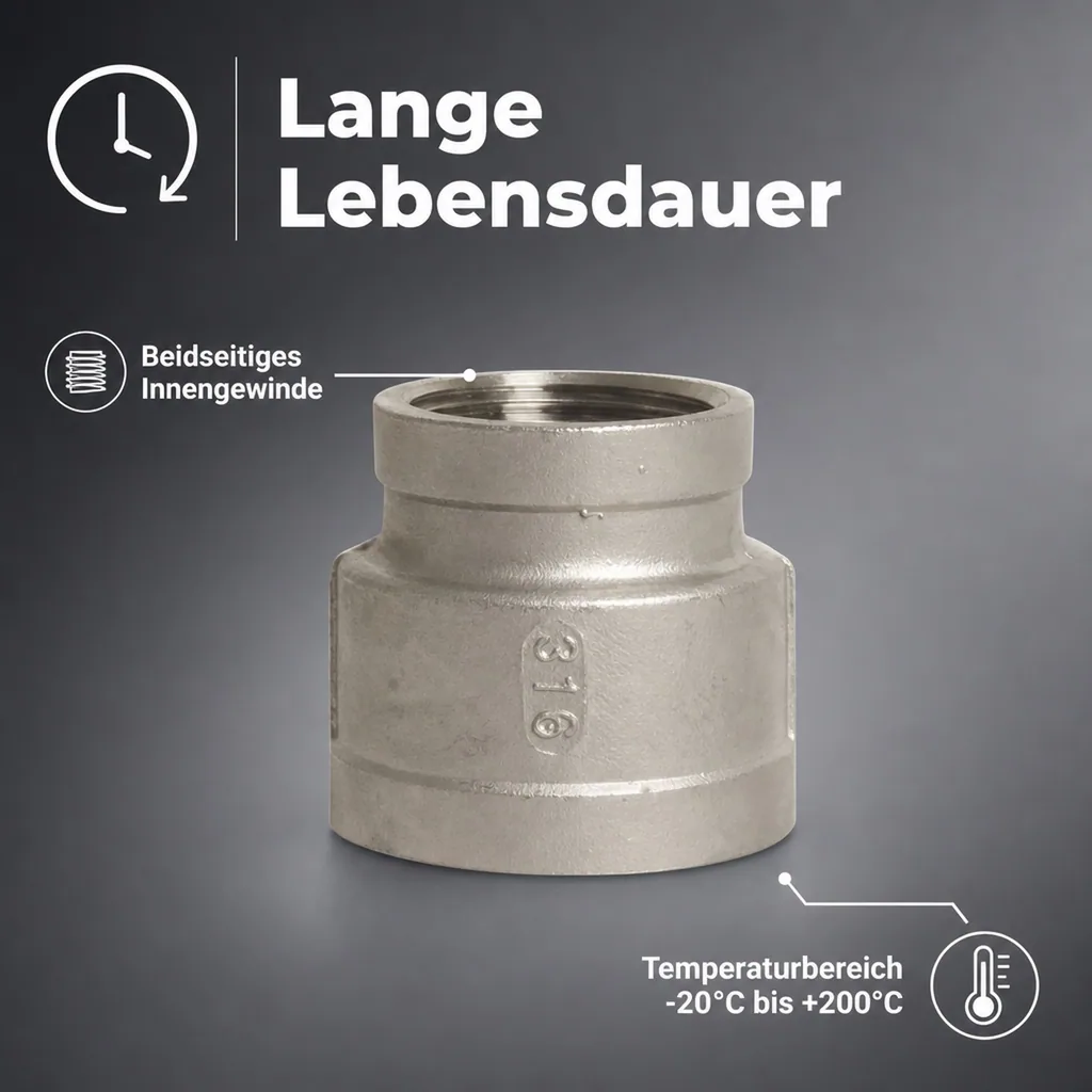 Edelstahl Reduziermuffe, Gewindefitting, 2" IG x 1 1/2" IG, V4A Fitting
