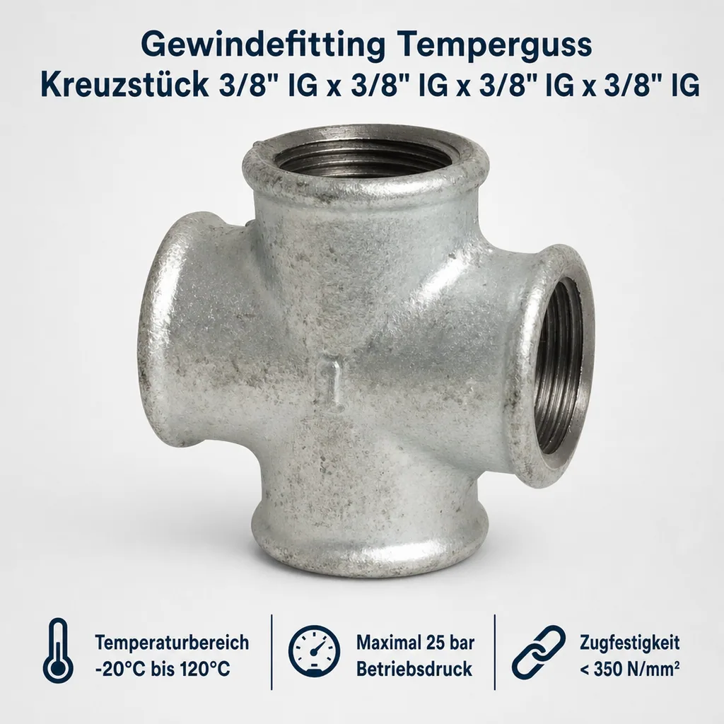 Gewindefitting Temperguss Kreuzstück 3/8" IG x 3/8" IG x 3/8" IG x 3/8" IG