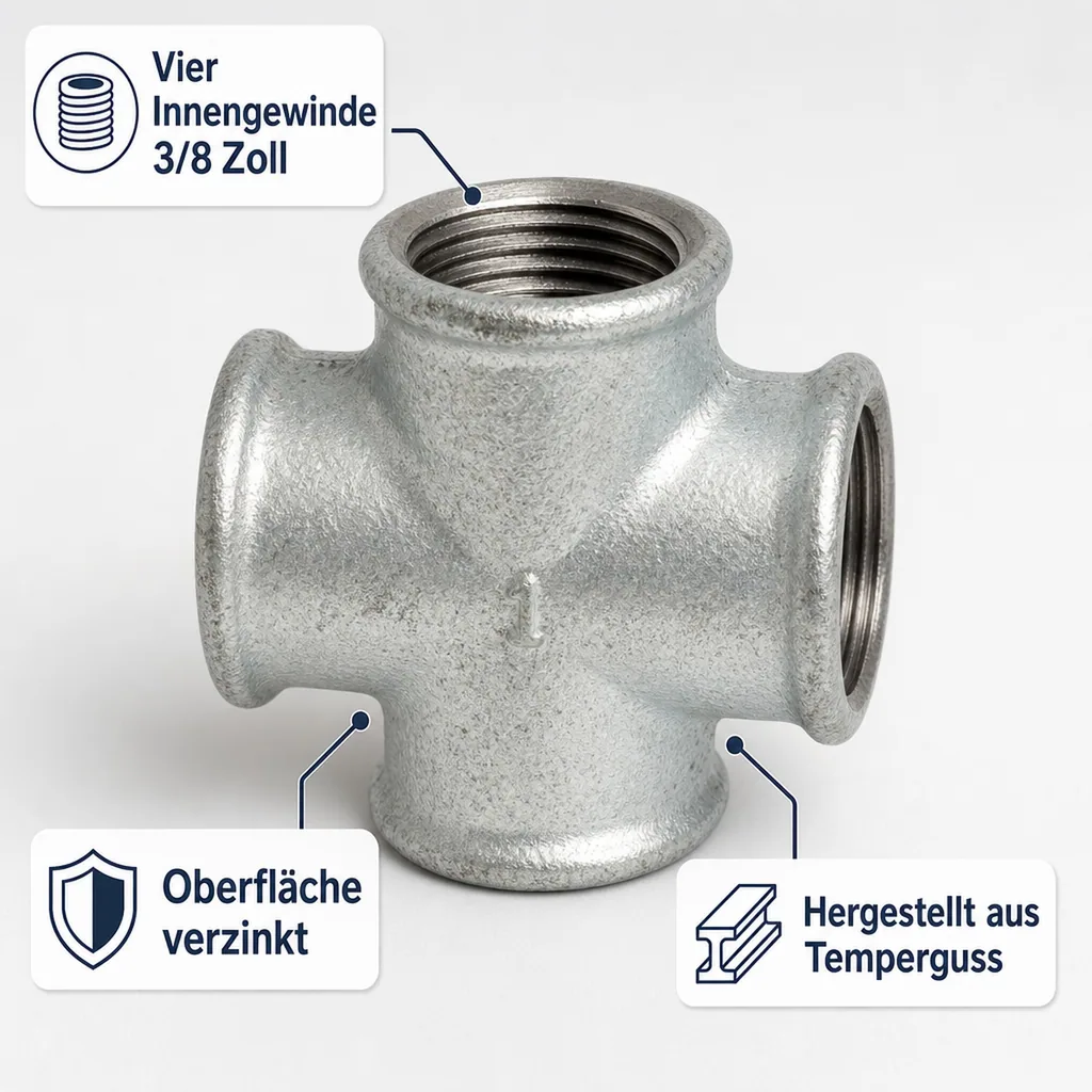 Gewindefitting Temperguss Kreuzstück 3/8" IG x 3/8" IG x 3/8" IG x 3/8" IG