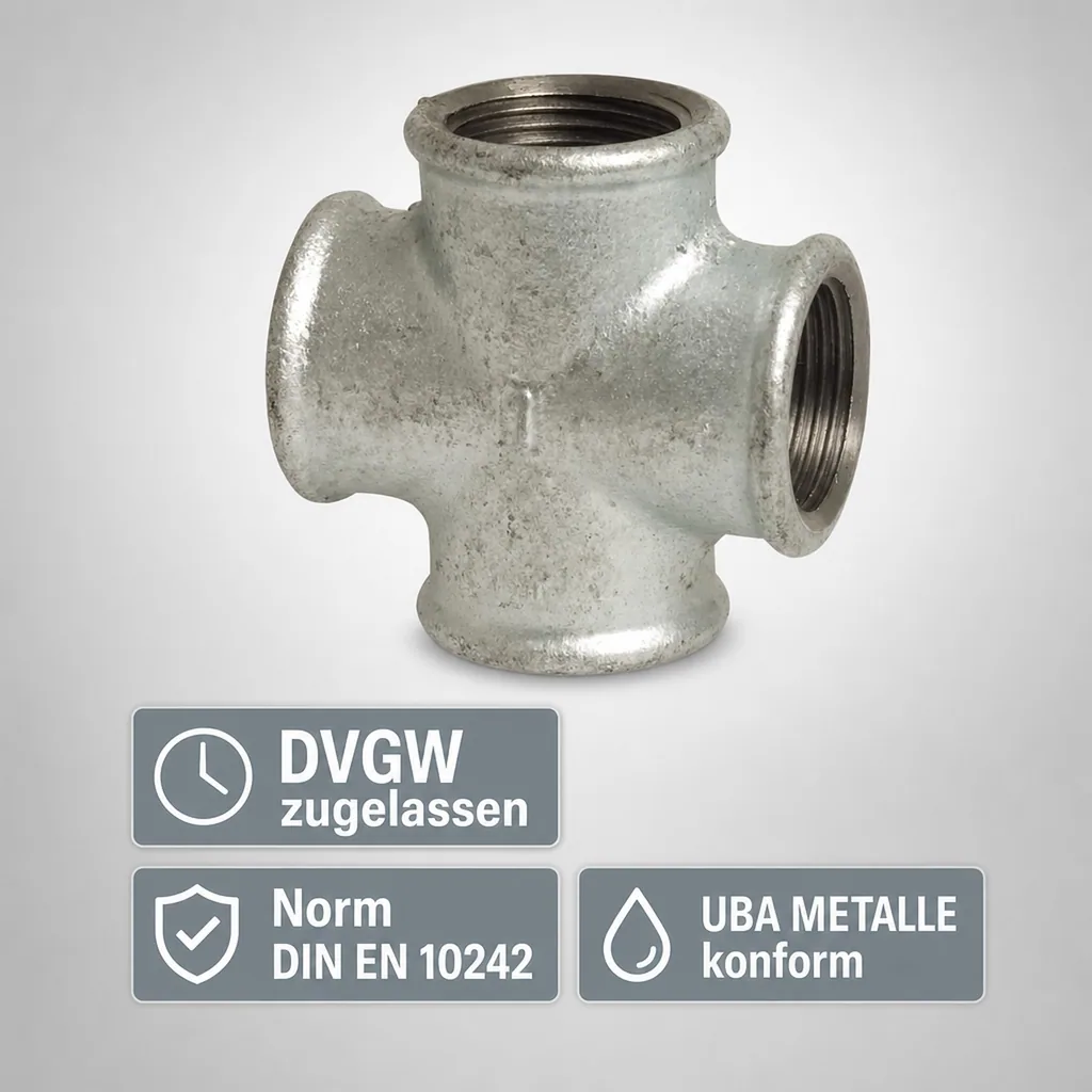 Gewindefitting Temperguss Kreuzstück 3/8" IG x 3/8" IG x 3/8" IG x 3/8" IG