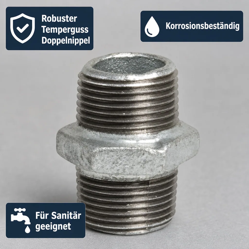 Doppelnippel 3/4 Zoll, Temperguss, verzinkt