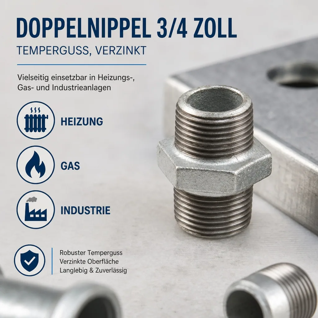 Doppelnippel 3/4 Zoll, Temperguss, verzinkt