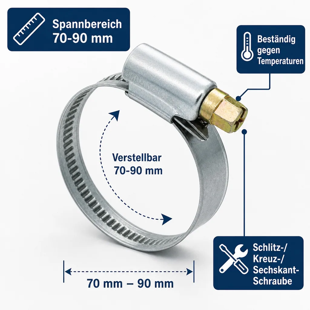 Schlauchschellen Edelstahl, 70-90 mm, W4, DIN 3017