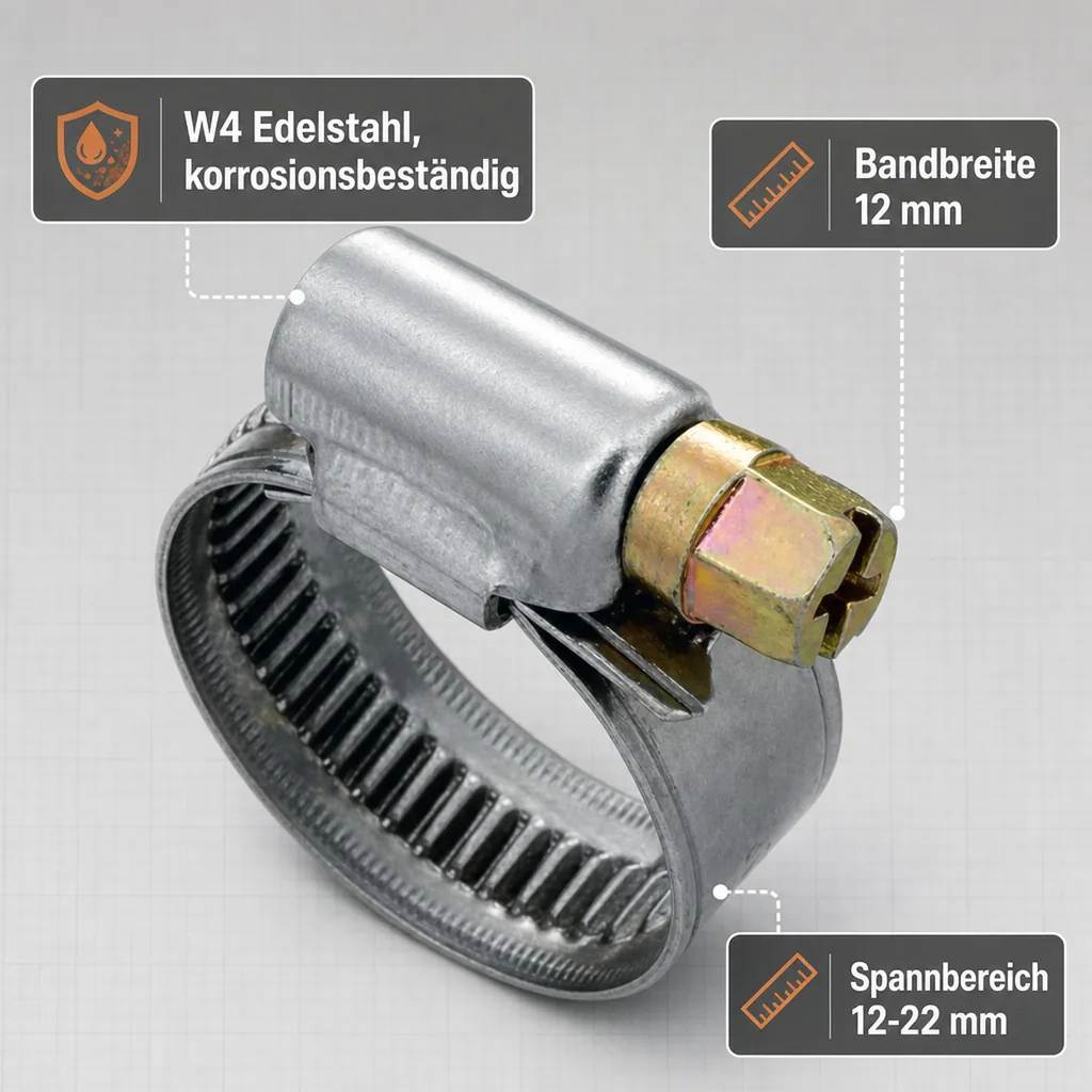 Schlauchschellen Edelstahl W4, 12-22mm, Industrie Qualität