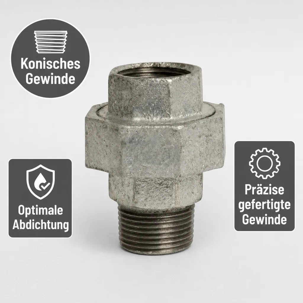 Tempergussfitting, Gewindefitting, Verschraubung Konisch 1/2 Zoll IG x AG