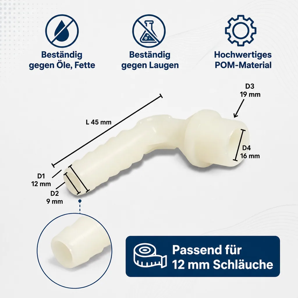 Schlauchverbinder 12mm, Kunststoff Winkelverbinder, Tülle, 3/8 Zoll