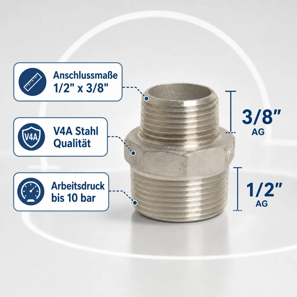 Gewindefitting Edelstahl Reduziernippel 1/2" AG x 3/8" AG