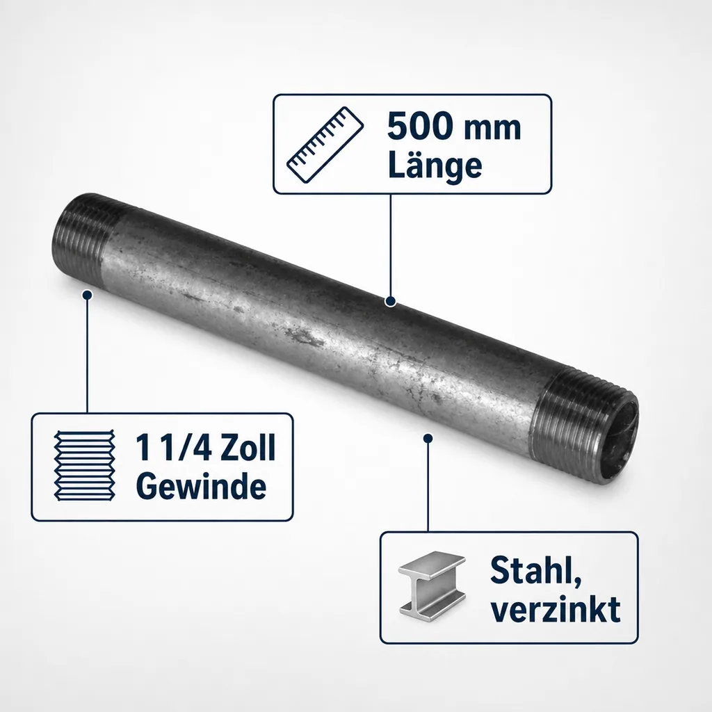 Rohrnippel verzinkt, Gewindefitting Stahl, 1 1/4 Zoll, 500 mm