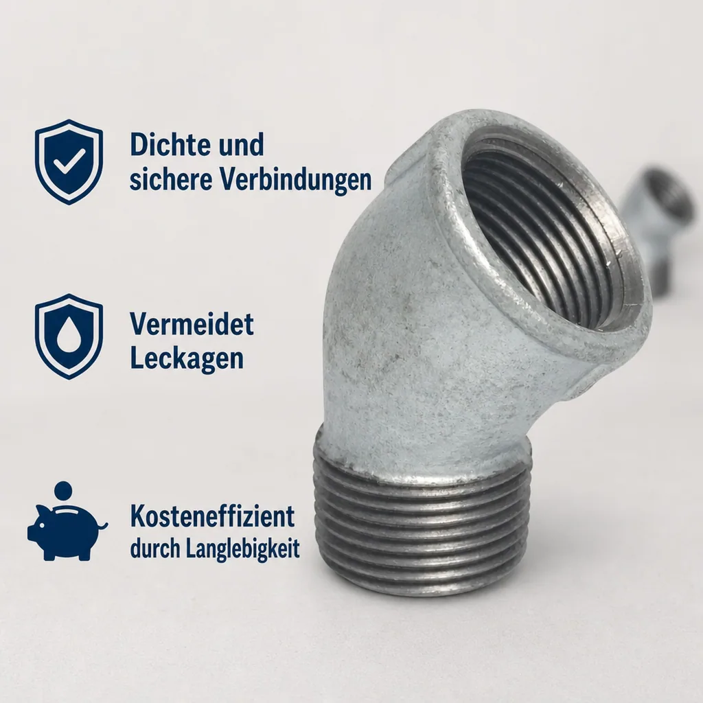 Gewindefitting, Temperguss Winkel 45 Grad, 3/8 Zoll IG x 3/8 Zoll AG, verzinkt