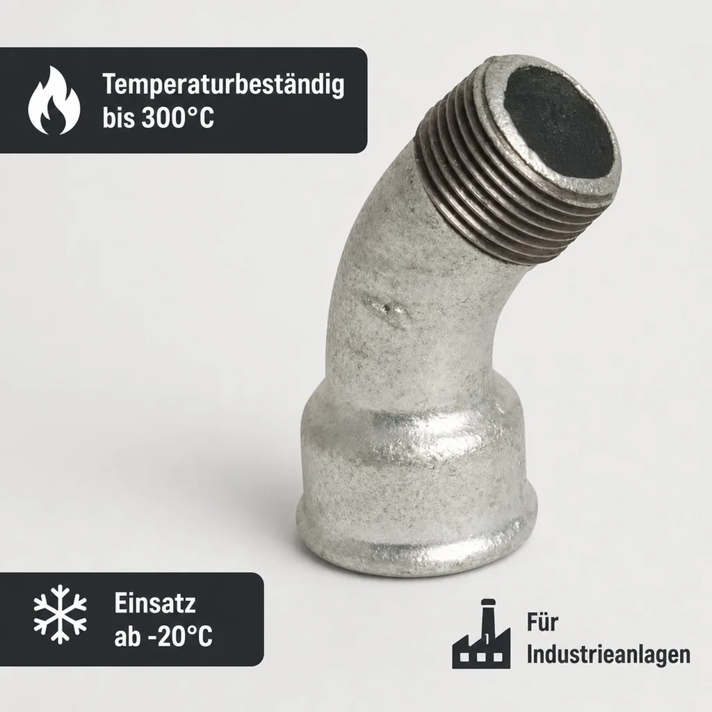 Gewindefitting, Temperguss Bogen 45°, 3/8 Zoll IG x 3/8 Zoll AG, verzinkt