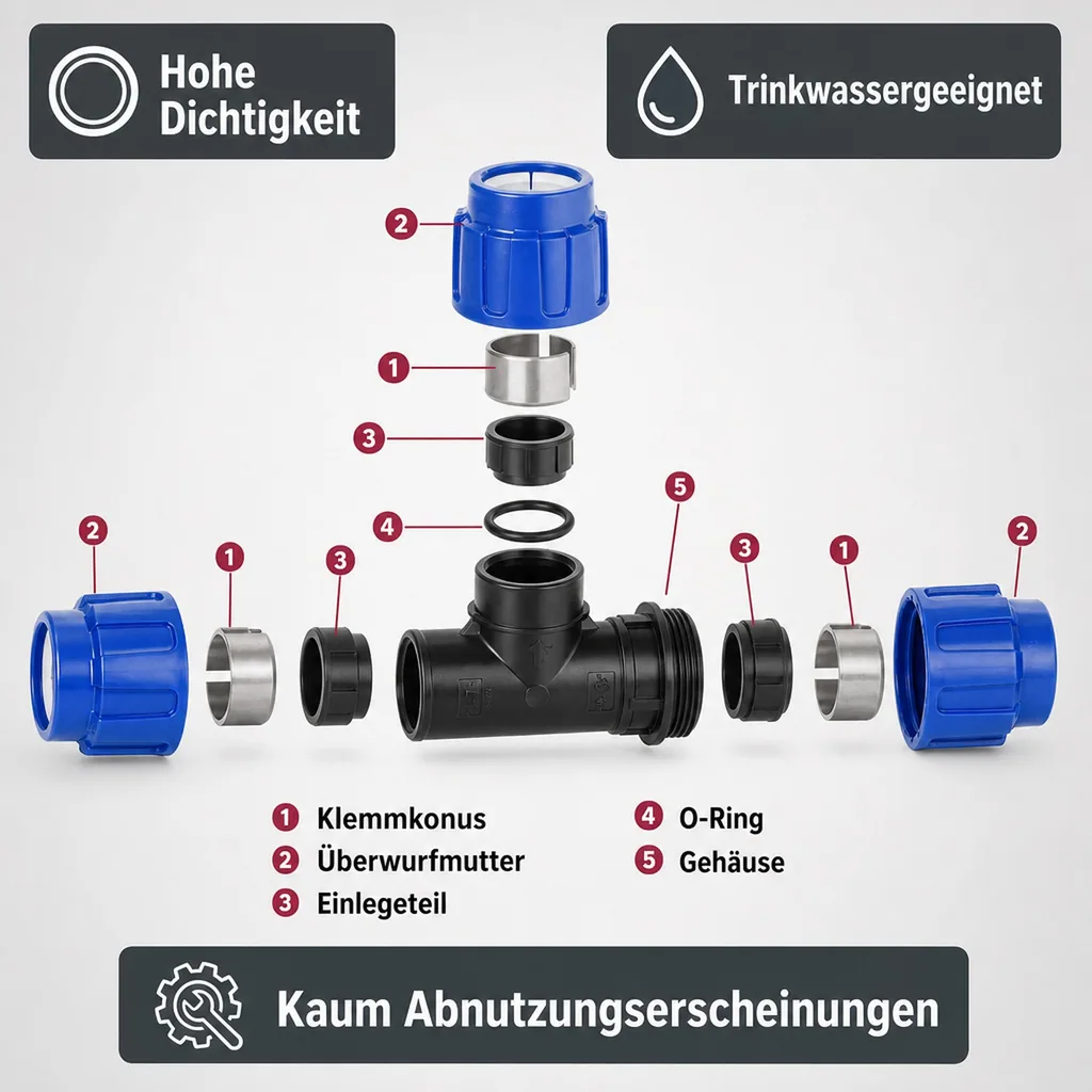 PP PE Rohr Verschraubung T-Stück reduziert 20 x 16 x 20, Klemmverbinder