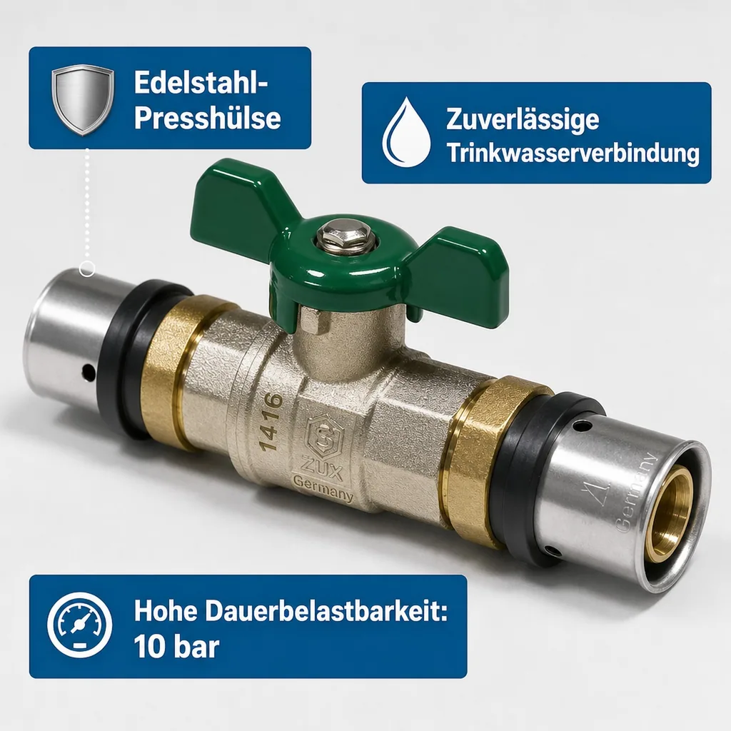 Kugelhahn Pressfitting, 32mm, Flügelgriff, grün, Trinkwasser geeignet