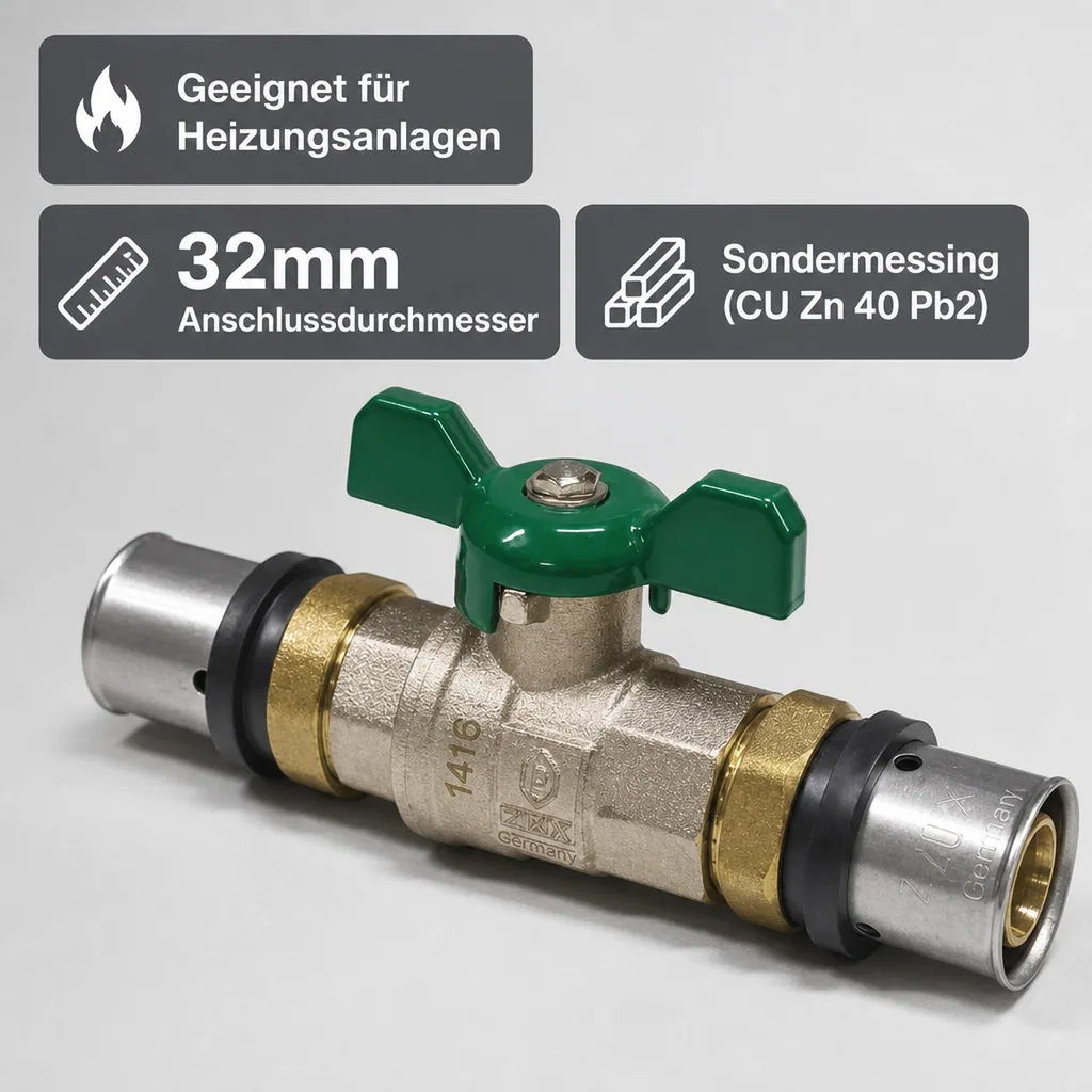 Kugelhahn Pressfitting, 32mm, Flügelgriff, grün, Trinkwasser geeignet