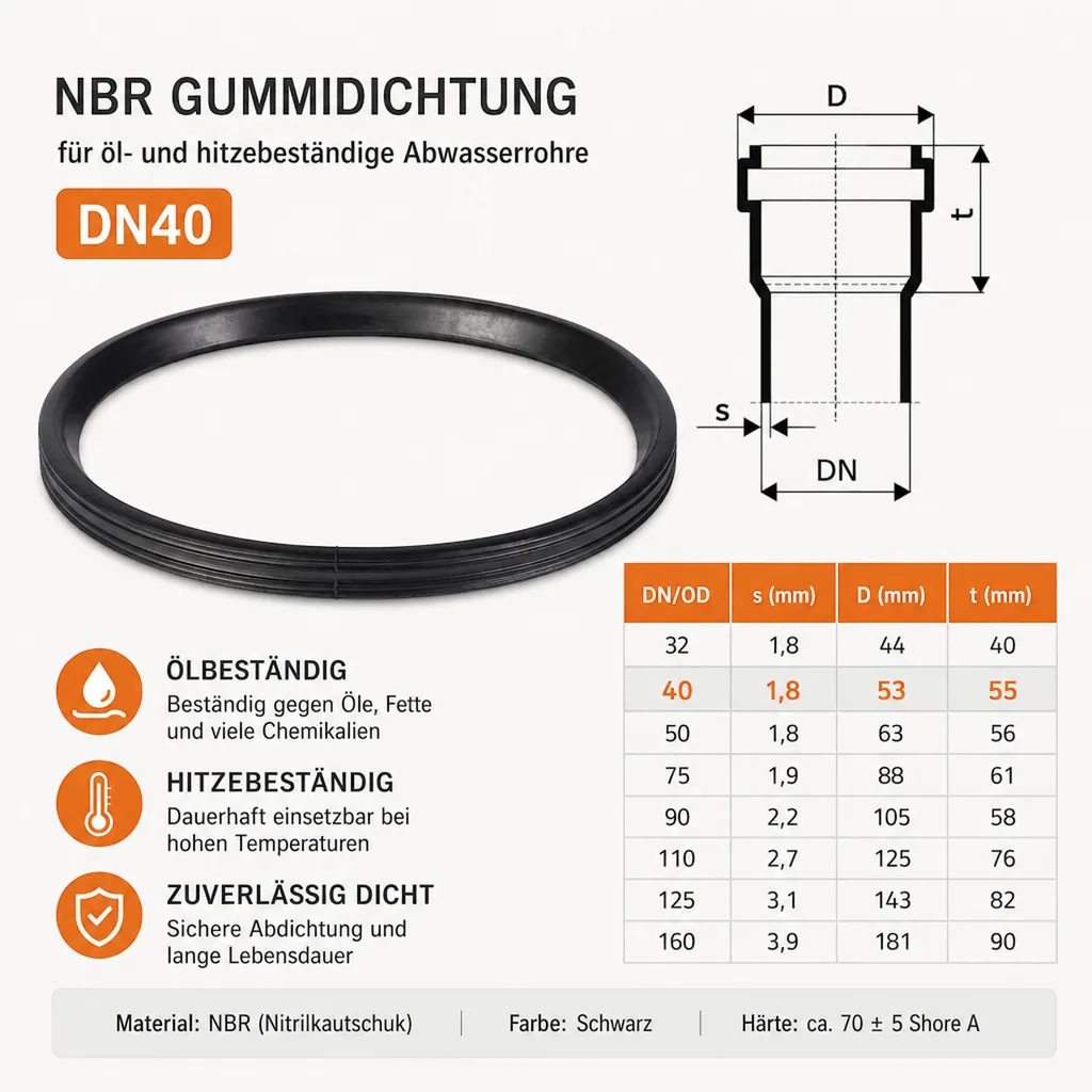 NBR Dichtung ölbeständig DN40, HT Safe, Abwasserrohr