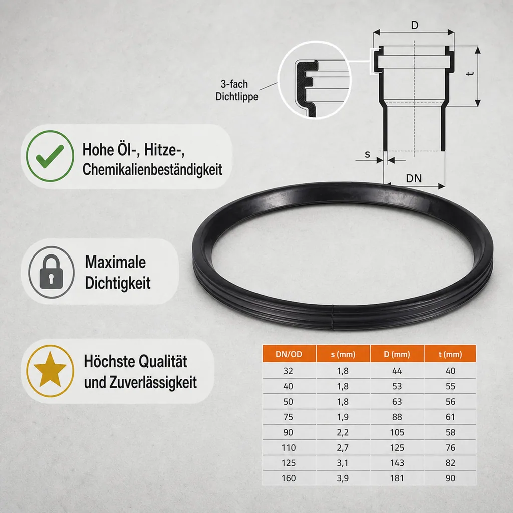 NBR Dichtung ölbeständig DN40, HT Safe, Abwasserrohr