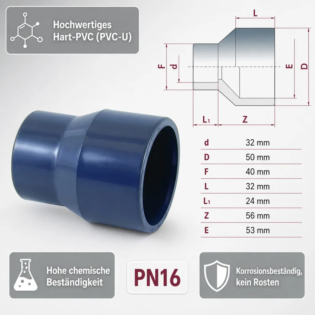 PVC Reduzierung 50-40x32mm, PN16, Hart PVC Klebefitting