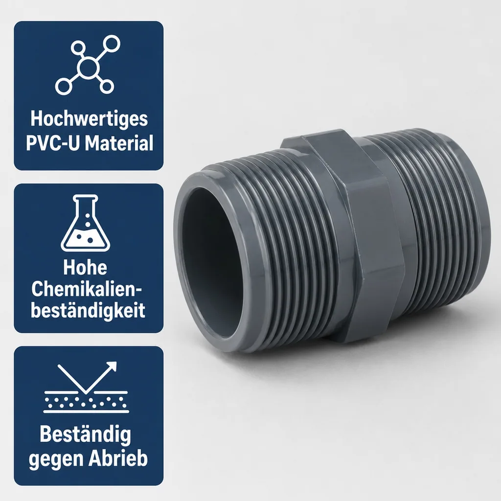 PVC Fitting, Doppelnippel 1 1/2 Zoll, PVC-U AG x AG, Rohrverbinder