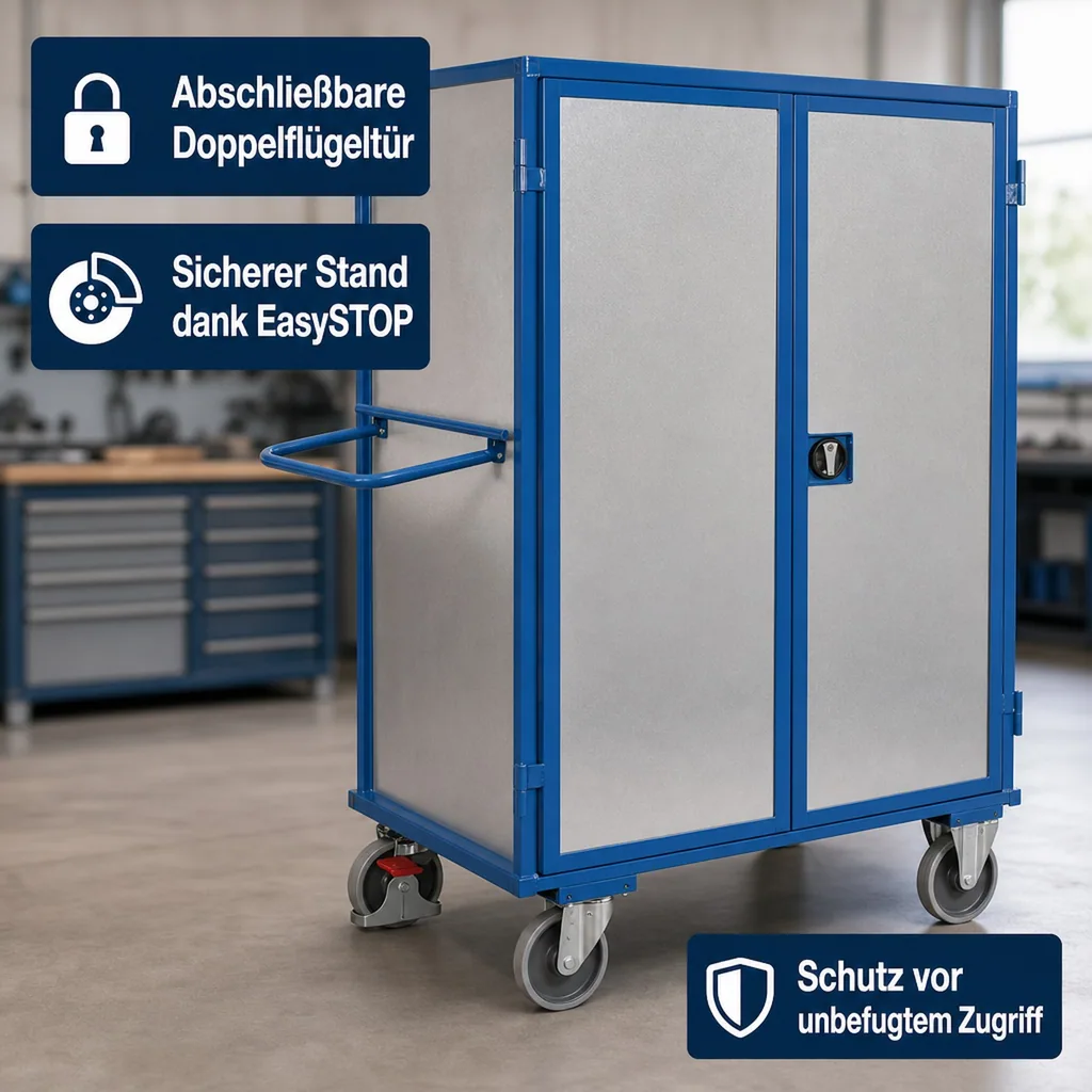 Werkstattwagen mit Türen, Etagenwagen abschließbar, Stahlblech, 500 kg Traglast