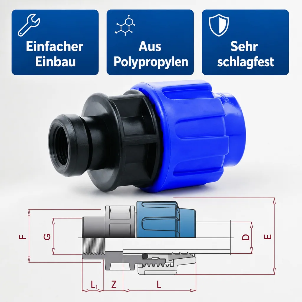 PP PE Rohr Verschraubung Kupplung 20 x 3/4" IG