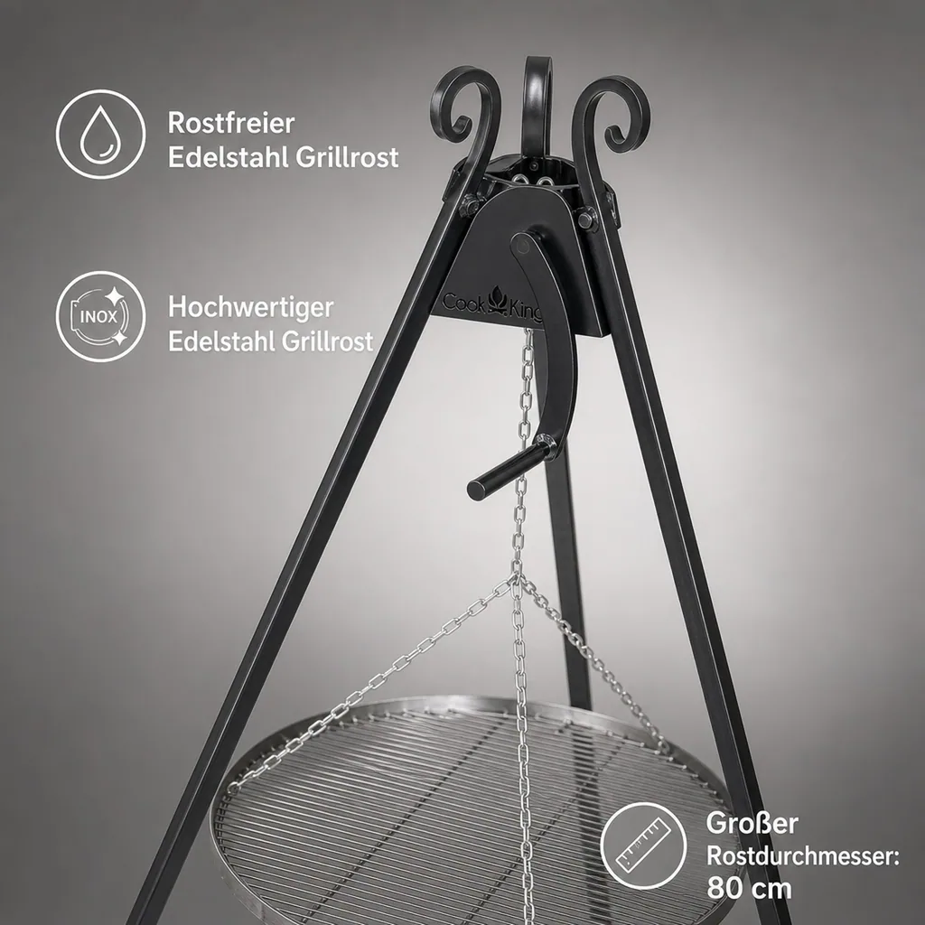 Schwenkgrill, Edelstahl Grillrost, 80 cm, mit Dreibein und Kurbel
