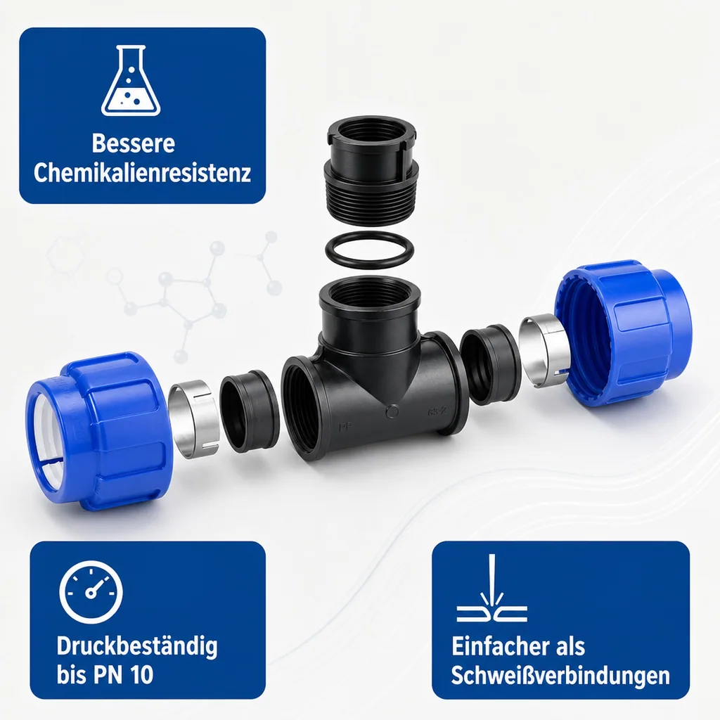 PE Rohr Verschraubung, T-Stück 25mm, Klemmverbinder für Trinkwasser