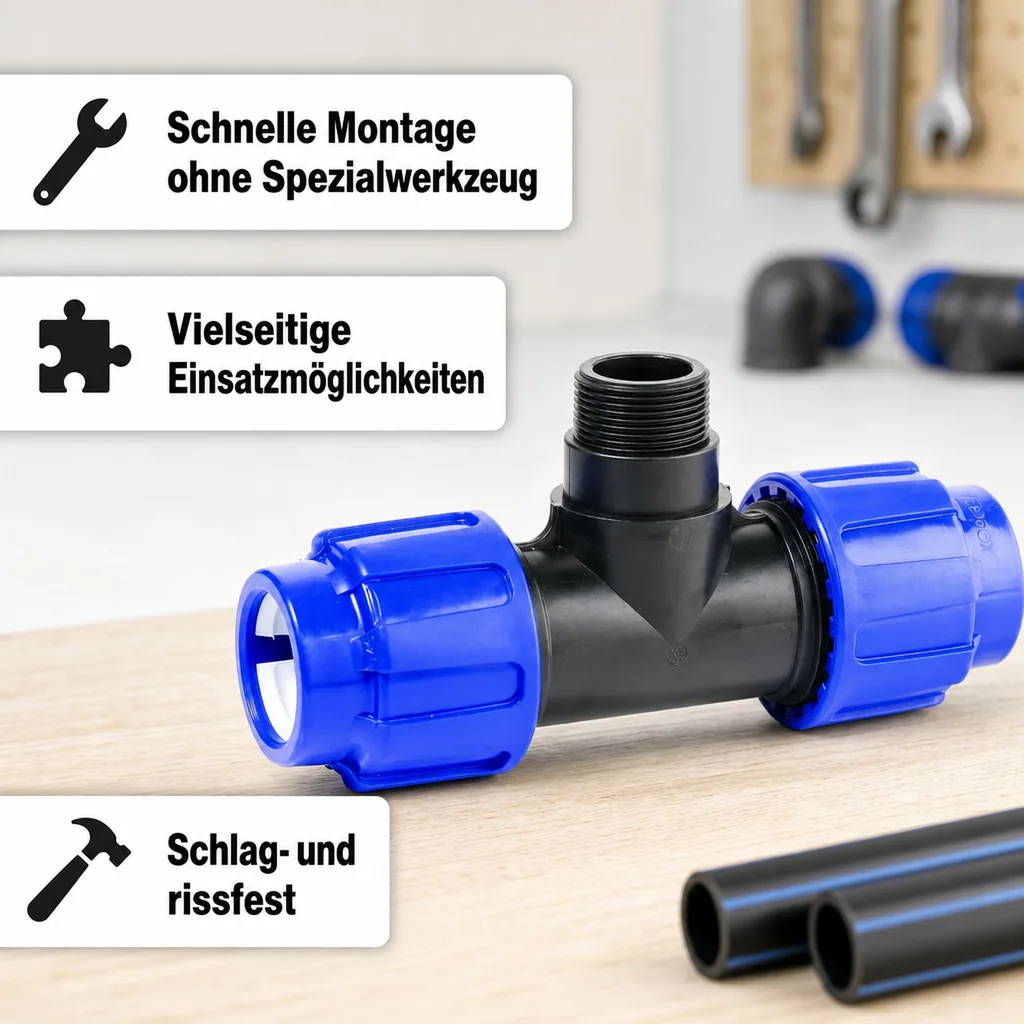 PE Rohr Verschraubung, T-Stück 25mm, Klemmverbinder, Rohrverbinder