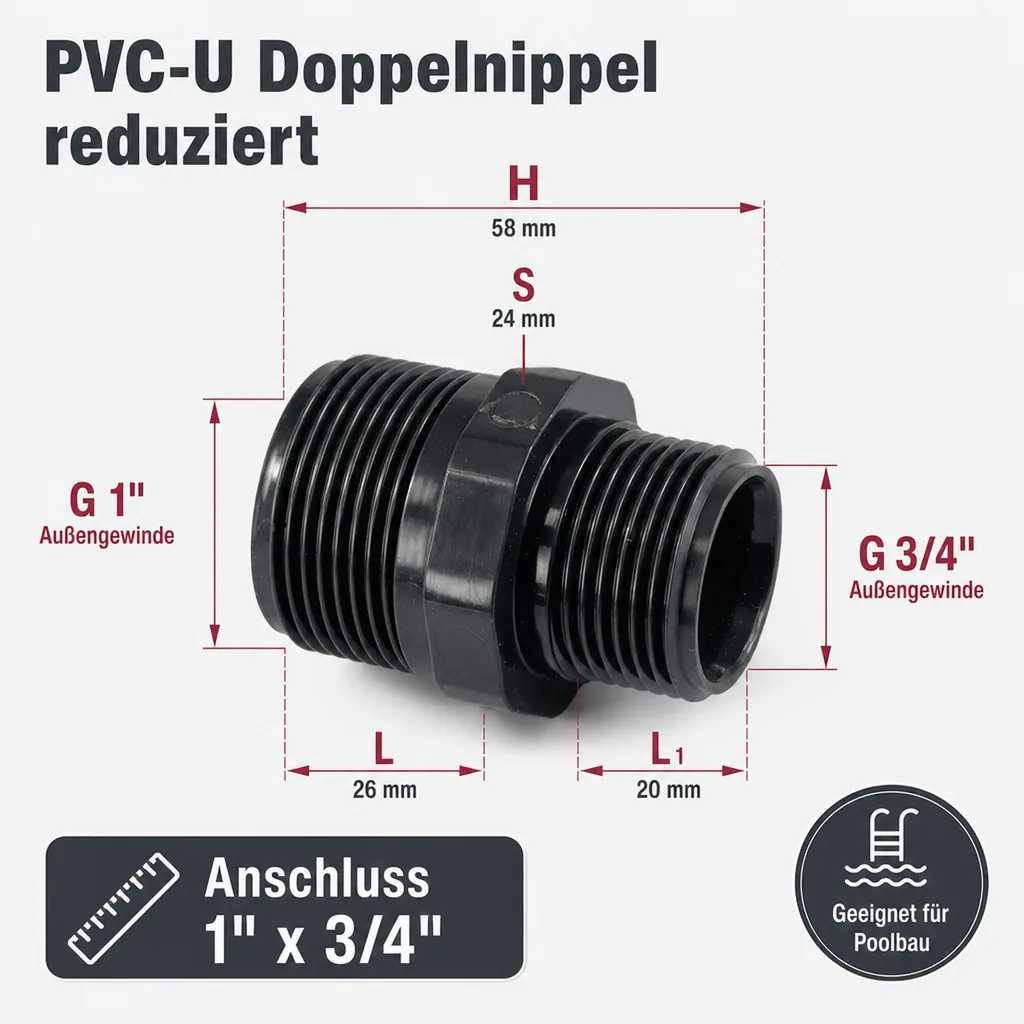PVC - U Doppelnippel reduziert AG 1" x 3/4"