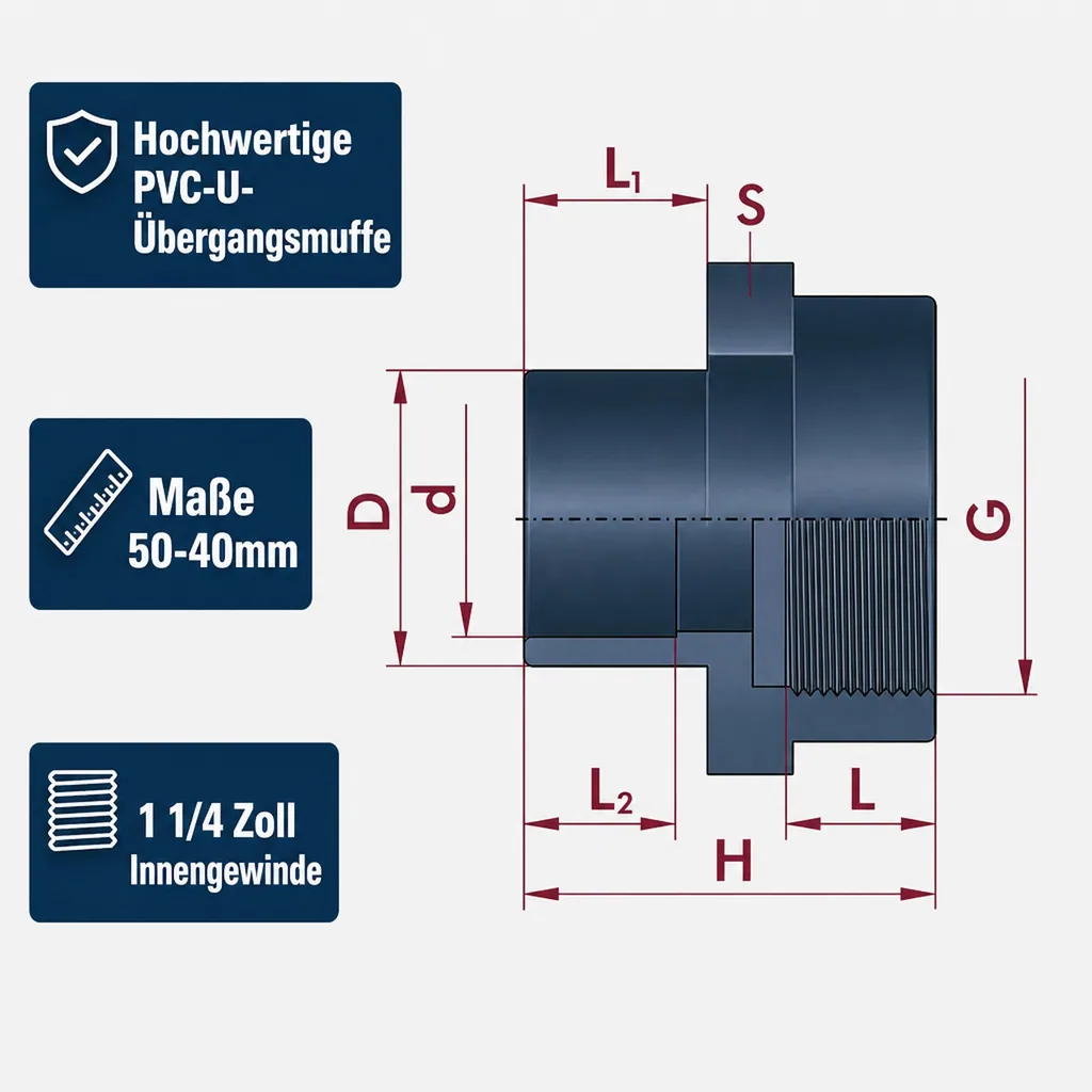PVC Fitting, Übergangsmuffe 50-40mm, 1 1/4" IG