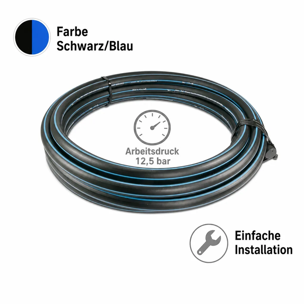 Wasserrohr, Druckrohr PE80 - 25 mm x 2,3 mm, Glatt SDR 11, 12,5bar, Schwarz/Blau 1m, DVGW type D=0,60m
