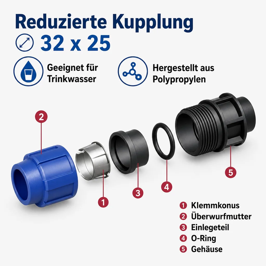 PP PE Rohr Verschraubung Kupplung reduziert 32 x 25