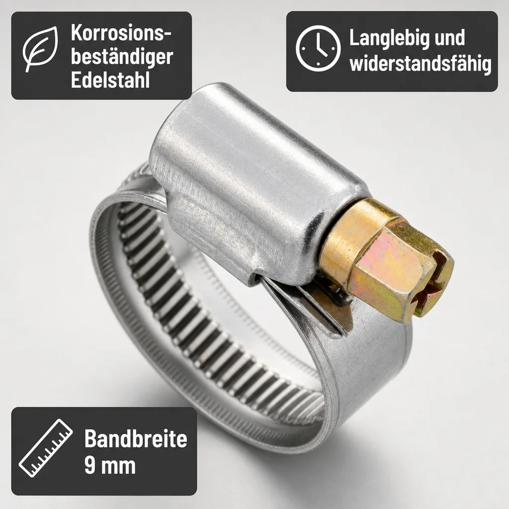 Schlauchschellen, Edelstahl, 9mm, 10-16mm, W2, DIN 3017