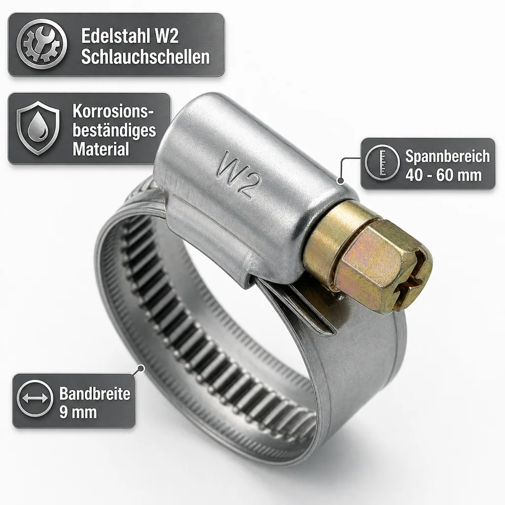 Schlauchschellen Edelstahl, W2, 9mm, 40-60mm, DIN 3017